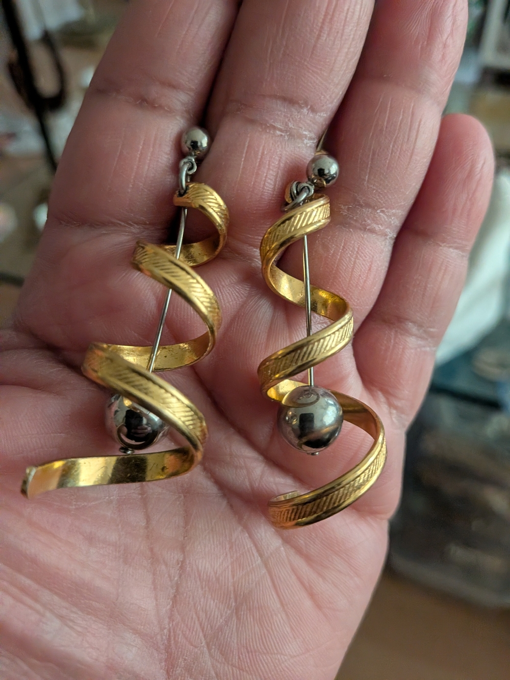 Vintage Gold Spiral Drop Earrings with Silver Accent